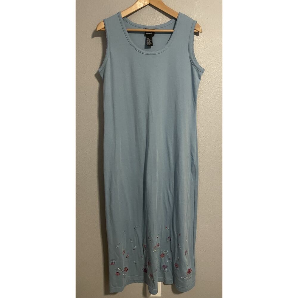 Vintage Brett Alixander Womens Midi Dress 10 Blue Floral Embroidered Cottagecore